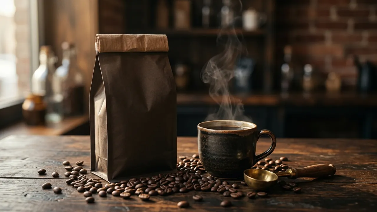 Bolsa de café en grano sobre una mesa de madera oscura, junto a una taza humeante y granos sueltos